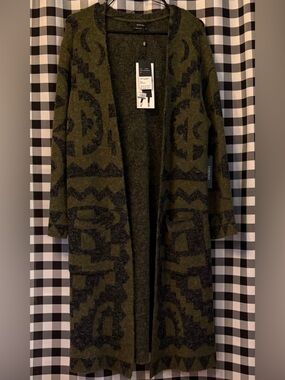 Vertigo Olive/Charcoal Open Front Geometric Print Long Duster Cardigan. Size L